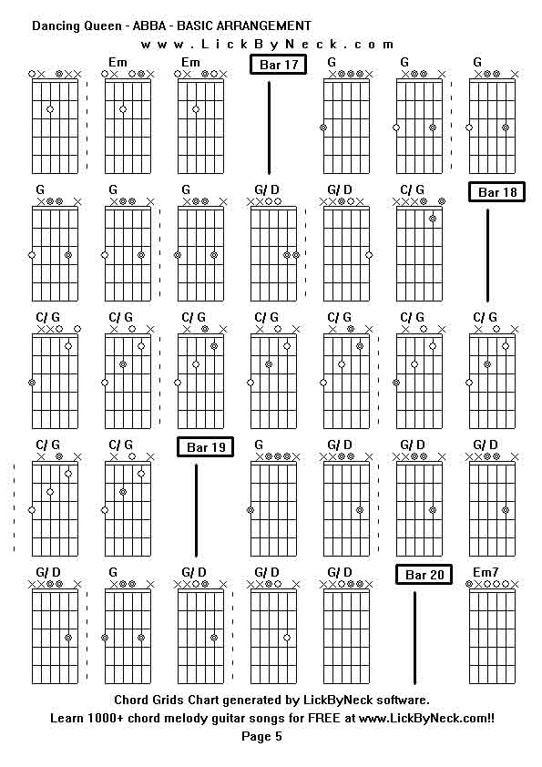 Chord Grids Chart of chord melody fingerstyle guitar song-Dancing Queen - ABBA - BASIC ARRANGEMENT,generated by LickByNeck software.